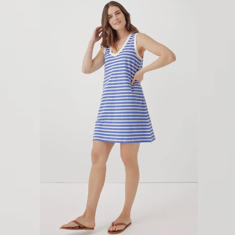 PACT Women Tank Dress Sz Large Bold Stripe A-Line Blue White Sleeveless NEW NWT